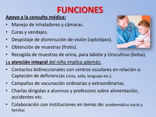 FUNCIONES
Apoyo a la consulta médica:
• Manejo de inhaladores y cámaras.
• Curas y vendajes.
• Despistaje de disminución de visión (optotipos).
• Obtención de muestras (frotis).
• Recogida de muestras de orina, para labstix y Urocultivo (bolsa).
La atención integral del niño implica además:
• Contactos bidireccionales con centros escolares en relación a:
   Captación de deficiencias (vista, oído, lenguaje etc.).
• Campañas de vacunación ordinarias y extraordinarias.
• Charlas dirigidas a alumnos y profesores sobre alimentación,
   accidentes etc.
• Colaboración con instituciones en temas de: problemática social y
  familiar.
 