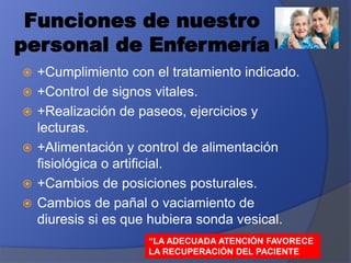 Funciones de nuestro
personal de Enfermería
 +Cumplimiento con el tratamiento indicado.
 +Control de signos vitales.
 +Realización de paseos, ejercicios y
lecturas.
 +Alimentación y control de alimentación
fisiológica o artificial.
 +Cambios de posiciones posturales.
 Cambios de pañal o vaciamiento de
diuresis si es que hubiera sonda vesical.
“LA ADECUADA ATENCIÓN FAVORECE
LA RECUPERACIÓN DEL PACIENTE
 