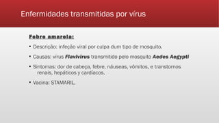 Enfermidades transmitidas por vírus
Febre amarela:
▪ Descrição: infeção viral por culpa dum tipo de mosquito.
▪ Causas: vírus Flavivirus transmitido pelo mosquito Aedes Aegypti
▪ Sintomas: dor de cabeça, febre, náuseas, vômitos, e transtornos
renais, hepáticos y cardíacos.
▪ Vacina: STAMARIL.
 