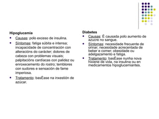 Hipoglucemia Causas : polo exceso de insulina. Síntomas : fatiga súbita e intensa; incapacidade de concentración con alteracións do carácter; dolores de cabeza con problemas visuais; palpitacións cardíacas con palidez ou enroxecemento do rostro; temblores con sudores e sensación de fame imperiosa. Tratamento : baséase na inxestión de azúcar. Diabetes Causas : é causada polo aumento de azucre no sangue. Síntomas : necesidade frecuente de orinar; necesidade acrecentada de beber e comer; obesidade ou adelgazamento e fatiga. Tratamento : baséase nunha nova hixiene de vida, na insulina ou en medicamentos hipoglucemiantes. 