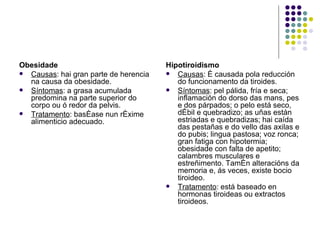 Obesidade Causas : hai gran parte de herencia na causa da obesidade. Síntomas : a grasa acumulada predomina na parte superior do corpo ou ó redor da pelvis. Tratamento : baséase nun réxime alimenticio adecuado. Hipotiroidismo Causas : é causada pola reducción do funcionamento da tiroides. Síntomas : pel pálida, fría e seca; inflamación do dorso das mans, pes e dos párpados; o pelo está seco, débil e quebradizo; as uñas están estriadas e quebradizas; hai caída das pestañas e do vello das axilas e do pubis; lingua pastosa; voz ronca; gran fatiga con hipotermia; obesidade con falta de apetito; calambres musculares e estreñimento. Tamén alteracións da memoria e, ás veces, existe bocio tiroideo. Tratamento : está baseado en hormonas tiroideas ou extractos tiroideos. 