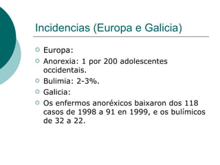 Incidencias (Europa e Galicia) Europa: Anorexia: 1 por 200 adolescentes occidentais. Bulimia: 2-3%. Galicia: Os enfermos anoréxicos baixaron dos 118 casos de 1998 a 91 en 1999, e os bulímicos de 32 a 22. 