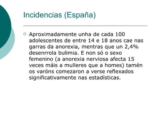 Incidencias (España) Aproximadamente unha de cada 100 adolescentes de entre 14 e 18 anos cae nas garras da anorexia, mentras que un 2,4% desenrrola bulimia. E non só o sexo femenino (a anorexia nerviosa afecta 15 veces máis a mulleres que a homes) tamén os varóns comezaron a verse reflexados significativamente nas estadísticas. 