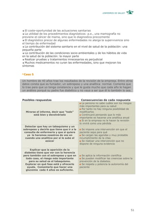 ¿ENFERMOS DE SALUD?




  El coste-oportunidad de las actuaciones sanitarias
  La utilidad de los procedimientos diagnósticos: p.e., una mamografía no
previene el cáncer de mama, sino que lo diagnostica precozmente
  El diagnóstico precoz de algunas enfermedades no alarga la supervivencia sino
el tiempo de enfermedad
  La contribución del sistema sanitario en el nivel de salud de la población: una
pequeña parte
  La contribución de las condiciones socio-ambientales y de los hábitos de vida
en la salud de la población: la mayor parte
  Realizar pruebas y tratamientos innecesarios es perjudicial
  Muchos medicamentos no curan las enfermedades, sino que mejoran los
síntomas


 Caso 5

Un hombre de 40 años trae los resultados de la revisión de la empresa. Entre otros
datos consta que es fumador, un sobrepeso y una analítica normal. Comenta que
lo trae para que yo tenga constancia y que le gusta mucho que cada año le hagan
un análisis porqué su padre fue diabético y no vaya a ser que él lo también lo sea.


Posibles respuestas                          Consecuencias de cada respuesta
                                              La persona no sabe cuáles son los riesgos
                                            más importantes para su salud
                                              Por tanto no hay ninguna posibilidad de
  Mirarse el informe, decir que “todo”      modificarlos
        está bien y devolvérselo              Continuará pensando que lo más
                                            importante es hacerse una analítica anual
                                              Si en la empresa no le hacen la revisión
                                            lo vivirá como una pérdida
 Detectar que hay un tabaquismo y un
sobrepeso y decirle que tiene que ir a la     Se impone una intervención sin que el
 consulta de enfermería y que si quiere     paciente sepa para qué
   ya le haremos nosotros de vez en           Se cargan las agendas y muy probable
  cuando una analítica por si le sube el    incumplimiento de la citas
                azúcar                        Se realizar una intervención que no
                                            dispone de ninguna evidencia

     Explicar que la aparición de la
 diabetes tiene que ver con la herencia
pero también con el sobrepeso y que en        Se aplica la información científica
  todo caso, el riesgo más importante         Se pueden modificar las creencias sobre la
    para su salud es el tabaquismo.         prevención de la diabetes.
  Explorar en qué fase está y ofrecerle       Se respeta y potencia la autonomía del
   ayuda. Comentarle que hacer una          paciente
  glucemia cada 4 años es suficiente.




                                                                                      51
 