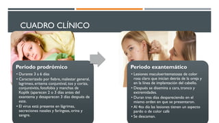 CUADRO CLÍNICO
Periodo prodrómico
• Durante 3 a 6 días
• Caracterizado por fiebre, malestar general,
lagrimeo, eritema conjuntival, tos y coriza,
conjuntivitis, fotofobia y manchas de
Koplik (aparecen 2 o 3 días antes del
exantema y desaparecen 3 días después de
este.
• El virus está presente en lágrimas,
secreciones nasales y faríngeas, orina y
sangre.
Periodo exantemático
• Lesiones maculoeritematosas de color
rosa claro que inician detrás de la oreja y
en la línea de implantación del cabello.
• Después se disemina a cara, tronco y
extremidades.
• Duran tres días despareciendo en el
mismo orden en que se presentaron.
• Al 4to día las lesiones tienen un aspecto
pardo o de color café
• Se descaman.
 