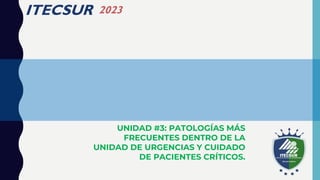 ITECSUR 2023
UNIDAD #3: PATOLOGÍAS MÁS
FRECUENTES DENTRO DE LA
UNIDAD DE URGENCIAS Y CUIDADO
DE PACIENTES CRÍTICOS.
 