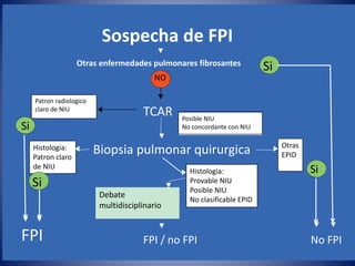 Patron radiologico
claro de NIU
Posible NIU
No concordante con NIU
Otras
EPID
Histologia:
Patron claro
de NIU
Histologia:
Provable NIU
Posible NIU
No clasificable EPID
Debate
multidisciplinario
NO
Si
Si
Si
Si
Sospecha de FPI
Otras enfermedades pulmonares fibrosantes
TCAR
Biopsia pulmonar quirurgica
FPI / no FPIFPI No FPI
 