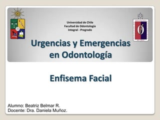 Universidad de Chile
Facultad de Odontología
Integral - Pregrado
Alumno: Beatriz Belmar R.
Docente: Dra. Daniela Muñoz.
Urgencias y Emergencias
en Odontología
Enfisema Facial
 