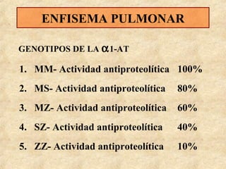 ENFISEMA PULMONAR
GENOTIPOS DE LA α 1-AT

1. MM- Actividad antiproteolítica 100%
2. MS- Actividad antiproteolítica

80%

3. MZ- Actividad antiproteolítica

60%

4. SZ- Actividad antiproteolítica

40%

5. ZZ- Actividad antiproteolítica

10%

 