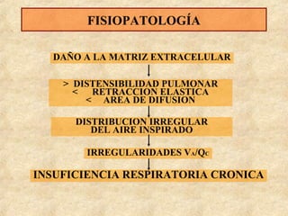FISIOPATOLOGÍA
DAÑO A LA MATRIZ EXTRACELULAR
> DISTENSIBILIDAD PULMONAR
<
RETRACCION ELASTICA
< AREA DE DIFUSION
DISTRIBUCION IRREGULAR
DEL AIRE INSPIRADO
IRREGULARIDADES VA/QC

INSUFICIENCIA RESPIRATORIA CRONICA

 