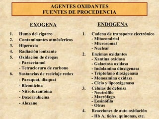 AGENTES OXIDANTES
FUENTES DE PROCEDENCIA
ENDOGENA

EXOGENA
1.
2.
3.
4.
5.

6.

Humo del cigarro
Contaminantes atmósfericos
Hiperoxia
Radiación ionizante
Oxidación de drogas
- Paracetamol
- Tetracloruro de carbono
Sustancias de reciclaje redox
- Paraquat, diaquat
- Bleomicina
- Nitrofurantoína
- Doxorrubicina
- Aloxano

1.

2.

3.

4.

Cadena de transporte electrónico
- Mitocondrial
- Microsomal
- Nuclear
Enzimas oxidantes
- Xantina oxidasa
- Galactosa oxidasa
- Indolamina dioxigenasa
- Triptofano dioxigenasa
- Monoamina oxidasa
- Ciclo y lipooxigenasa
Células de defensa
- Neutrófilo
- Macrófago
- Eosinófilo
- Otras
Reacciones de auto oxidación
- Hb A, tioles, quinonas, etc.

 