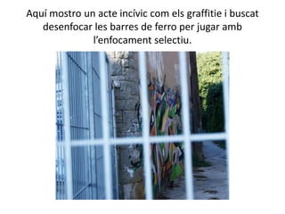 Aquí mostro un acte incívic com els graffitie i buscat
   desenfocar les barres de ferro per jugar amb
              l’enfocament selectiu.
 