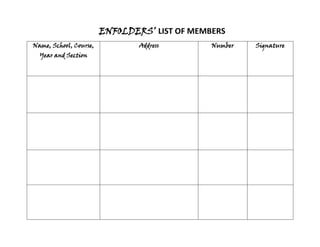 ENFOLDERS’ LIST OF MEMBERS
Name, School, Course,           Address        Number   Signature
  Year and Section
 