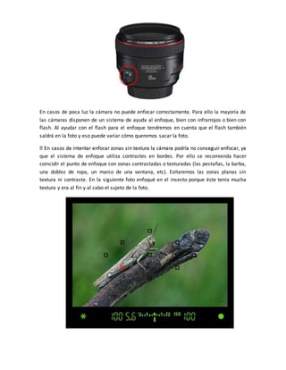En casos de poca luz la cámara no puede enfocar correctamente. Para ello la mayoría de 
las cámaras disponen de un sistema de ayuda al enfoque, bien con infrarrojos o bien con 
flash. Al ayudar con el flash para el enfoque tendremos en cuenta que el flash también 
saldrá en la foto y eso puede variar cómo queremos sacar la foto. 
que el sistema de enfoque utiliza contrastes en bordes. Por ello se recomienda hacer 
coincidir el punto de enfoque con zonas contrastadas o texturadas (las pestañas, la barba, 
una doblez de ropa, un marco de una ventana, etc). Evitaremos las zonas planas sin 
textura ni contraste. En la siguiente foto enfoqué en el insecto porque éste tenía mucha 
textura y era al fin y al cabo el sujeto de la foto. 
 
