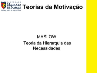 Teorias da Motivação   MASLOW Teoria da Hierarquia das Necessidades 