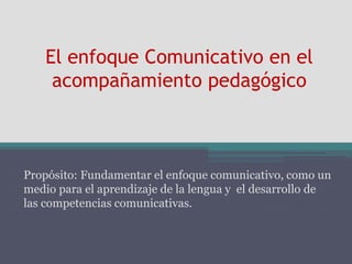 El enfoque Comunicativo en el
acompañamiento pedagógico
Propósito: Fundamentar el enfoque comunicativo, como un
medio para el aprendizaje de la lengua y el desarrollo de
las competencias comunicativas.
 