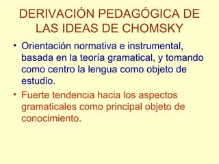 DERIVACIÓN PEDAGÓGICA DE LAS IDEAS DE CHOMSKY Orientación normativa e instrumental, basada en la teoría gramatical, y tomando como centro la lengua como objeto de estudio. Fuerte tendencia hacia los aspectos gramaticales como principal objeto de conocimiento. 