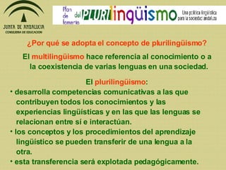 ¿Por qué se adopta el concepto de plurilingüismo? El  multilingüismo  hace referencia al conocimiento o a la coexistencia de varias lenguas en una sociedad. El  plurilingüismo : desarrolla competencias comunicativas a las que  contribuyen todos los conocimientos y las  experiencias lingüísticas y en las que las lenguas se relacionan entre sí e interactúan. los conceptos y los procedimientos del aprendizaje  lingüístico se pueden transferir de una lengua a la otra.  esta transferencia será explotada pedagógicamente. 