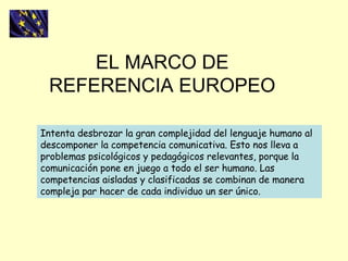 EL MARCO DE REFERENCIA EUROPEO Intenta desbrozar la gran complejidad del lenguaje humano al descomponer la competencia comunicativa. Esto nos lleva a problemas psicológicos y pedagógicos relevantes, porque la comunicación pone en juego a todo el ser humano. Las competencias aisladas y clasificadas se combinan de manera compleja par hacer de cada individuo un ser único. 