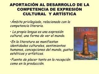 APORTACIÓN AL DESARROLLO DE LA COMPETENCIA DE EXPRESIÓN CULTURAL  Y ARTÍSTICA Ámbito privilegiado, relacionado con la competencia literaria. La propia lengua es una expresión cultural, una forma de ver el mundo. En la literatura se manifiestan identidades culturales, sentimientos humanos, concepciones del mundo, gustos estéticos y artísticos. Fuente de placer tanto en la recepción como en la producción. 
