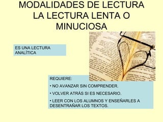 MODALIDADES DE LECTURA LA LECTURA LENTA O MINUCIOSA ES UNA LECTURA ANALÍTICA REQUIERE: NO AVANZAR SIN COMPRENDER. VOLVER ATRÁS SI ES NECESARIO. LEER CON LOS ALUMNOS Y ENSEÑARLES A DESENTRAÑAR LOS TEXTOS. 