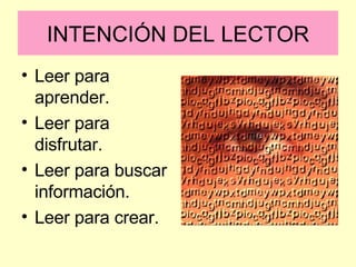 INTENCIÓN DEL LECTOR Leer para aprender. Leer para disfrutar. Leer para buscar información. Leer para crear. 