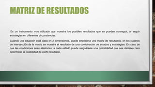 MATRIZ DE RESULTADOS
Es un instrumento muy utilizado que muestra los posibles resultados que se pueden conseguir, al seguir
estrategias en diferentes circunstancias.
Cuando una situación está dada en 2 dimensiones, puede emplearse una matriz de resultados. en los cuadros
de intersección de la matriz se muestra el resultado de una combinación de estados y estrategias. En caso de
que las condiciones sean aleatorias, a cada estado puede asignársele una probabilidad que sea decisiva para
determinar la posibilidad de cierto resultado.
 