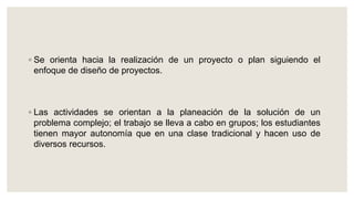 ◦ Se orienta hacia la realización de un proyecto o plan siguiendo el
enfoque de diseño de proyectos.
◦ Las actividades se orientan a la planeación de la solución de un
problema complejo; el trabajo se lleva a cabo en grupos; los estudiantes
tienen mayor autonomía que en una clase tradicional y hacen uso de
diversos recursos.
 