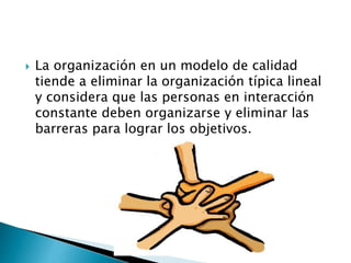  La organización en un modelo de calidad
tiende a eliminar la organización típica lineal
y considera que las personas en interacción
constante deben organizarse y eliminar las
barreras para lograr los objetivos.
 