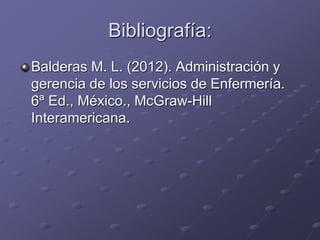 Bibliografía:
Balderas M. L. (2012). Administración y
gerencia de los servicios de Enfermería.
6ª Ed., México., McGraw-Hill
Interamericana.
 