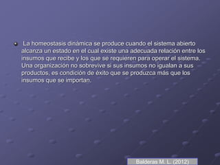 La homeostasis dinámica se produce cuando el sistema abierto
alcanza un estado en el cual existe una adecuada relación entre los
insumos que recibe y los que se requieren para operar el sistema.
Una organización no sobrevive si sus insumos no igualan a sus
productos, es condición de éxito que se produzca más que los
insumos que se importan.
Balderas M. L. (2012)
 