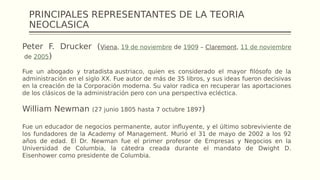 PRINCIPALES REPRESENTANTES DE LA TEORIA
NEOCLASICA
Peter F. Drucker (Viena, 19 de noviembre de 1909 – Claremont, 11 de noviembre
de 2005)
Fue un abogado y tratadista austriaco, quien es considerado el mayor filósofo de la
administración en el siglo XX. Fue autor de más de 35 libros, y sus ideas fueron decisivas
en la creación de la Corporación moderna. Su valor radica en recuperar las aportaciones
de los clásicos de la administración pero con una perspectiva ecléctica.
William Newman (27 junio 1805 hasta 7 octubre 1897)
Fue un educador de negocios permanente, autor influyente, y el último sobreviviente de
los fundadores de la Academy of Management. Murió el 31 de mayo de 2002 a los 92
años de edad. El Dr. Newman fue el primer profesor de Empresas y Negocios en la
Universidad de Columbia, la cátedra creada durante el mandato de Dwight D.
Eisenhower como presidente de Columbia.
 