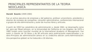 PRINCIPALES REPRESENTANTES DE LA TEORIA
NEOCLASICA
Harold Koontz (1909-1984)
Fue un activo ejecutivo de empresas y del gobierno, profesor universitario, presidente y
director de consejos de compañías, consultor administrativo, conferencista internacional
a grupos de alta administración y autor de muchos libros y artículos.
A partir de 1950 fue catedrático de administración y, desde 1962, se desempeño como
tal, pero por Mead Johnson, en la Universidad de California en Los Ángeles; de 1979 a
1982 fungió como canciller mundial de la International Academy of Management. Fue
autor o coautor de 19 libros y de 90 artículos para publicaciones especializadas y su
obra Principios de administración (ahora en su undécima edición como Administración:
Una perspectiva global) se ha traducido a 16 idiomas.
 