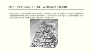 PRINCIPIOS BÁSICOS DE LA ORGANIZACIÓN
 Jerarquía: La pluralidad de funciones impuesta por la especialización requiere el
desdoblamiento de la función de mando, cuya misión es dirigir las actividades para
que cumplan en armonía sus respectivas misiones.
 