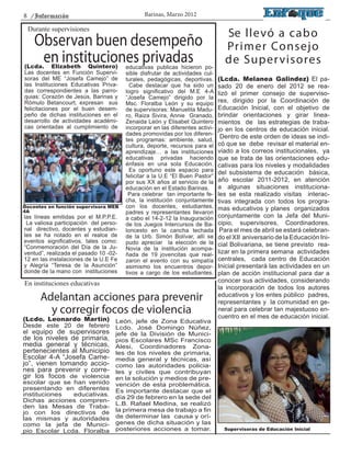 8 /Información                                Barinas, Marzo 2012

 Durante supervisiones
                                                                                Se llevó a cabo
    Observan buen desempeño                                                     Primer Consejo
     en instituciones privadas
(Lcda. Elizabeth Quintero)             educativas publicas hicieron po-
                                                                                de Super visores
Las docentes en Función Supervi-       sible disfrutar de actividades cul-
soras del ME “Josefa Camejo” de        turales, pedagógicas, deportivas.      (Lcda. Melanea Galindez) El pa-
las Instituciones Educativas Priva-      Cabe destacar que ha sido un         sado 20 de enero del 2012 se rea-
das correspondientes a las parro-      logro significativo del M.E 4-A
quias: Corazón de Jesús, Barinas y
                                                                              lizó el primer consejo de superviso-
                                       “Josefa Camejo” dirigido por la
Rómulo Betancourt, expresan sus        Msc. Floralba León y su equipo         res, dirigido por la Coordinación de
felicitaciones por el buen desem-      de supervisoras: Manuelita Madu-       Educación Inicial, con el objetivo de
peño de dichas instituciones en el     ro, Raiza Sivira, Annie Granado,       brindar orientaciones y girar linea-
desarrollo de actividades académi-     Zenaida León y Elisabet Quintero       mientos de las estrategias de traba-
cas orientadas al cumplimiento de      incorporar en las diferentes activi-   jo en los centros de educación inicial.
                                       dades promovidas por los diferen-
                                       tes programas: ambiente, salud,
                                                                               Dentro de este orden de ideas se indi-
                                       cultura, deporte, recursos para el     có que se debe revisar el material en-
                                       aprendizaje… a las instituciones       viado a los correos institucionales, ya
                                       educativas privadas haciendo           que se trata de las orientaciones edu-
                                       énfasis en una sola Educación.         cativas para los niveles y modalidades
                                         Es oportuno este espacio para        del subsistema de educación básica,
                                       felicitar a la U.E “El Buen Pastor”
                                       por sus XX años al servicio de la      año escolar 2011-2012, en atención
                                       educación en el Estado Barinas. 	      a algunas situaciones instituciona-
                                        Para celebrar tan importante fe-      les se esta realizado visitas interac-
                                       cha, la institución conjuntamente      tivas integrada con todos los progra-
Docentes en función supervisora MEB    con los docentes, estudiantes,         mas educativos y planes organizados
4A                                     padres y representantes llevaron
las líneas emitidas por el M.P.P.E.    a cabo el 14-2-12 la Inauguración      conjuntamente con la Jefa del Muni-
 La valiosa participación del perso-   de los Juegos Intercursos de Ba-       cipio, supervisores, Coordinadores.
nal directivo, docentes y estudian-    loncesto en la cancha techada           Para el mes de abril se estará celebran-
tes se ha notado en el realce de       de la Urb. Simón Bolívar, allí se      do el XII aniversario de la Educación Ini-
eventos significativos, tales como:    pudo apreciar la elección de la
“Conmemoración del Día de la Ju-                                              cial Bolivariana, se tiene previsto rea-
                                       Novia de la institución acompa-
ventud”, realizada el pasado 10 -02-   ñada de 19 jovencitas que real-        lizar en la primera semana actividades
12 en las instalaciones de la U.E Fe   zaron el evento con su simpatía        centrales, cada centro de Educación
y Alegría “Teresa de la Asunción”      asimismo los encuentros depor-         Inicial presentará las actividades en un
donde de la mano con instituciones     tivos a cargo de los estudiantes.      plan de acción institucional para dar a
En instituciones educativas                                                   conocer sus actividades, considerando
                                                                              la incorporación de todos los autores
      Adelantan acciones para prevenir                                        educativos y los entes público padres,
                                                                              representantes y la comunidad en ge-
        y corregir focos de violencia                                         neral para celebrar tan majestuoso en-
                                                                              cuentro en el mes de educación inicial.
(Lcdo. Leonardo Martín)            León, jefe de Zona Educativa
Desde este 20 de febrero           Lcdo. José Domingo Núñez,
el equipo de supervisores          jefe de la División de Munici-
de los niveles de primaria,        pios Escolares MSc Francisco
media general y técnicas,          Alesi, Coordinadores Zona-
pertenecientes al Municipio        les de los niveles de primaria,
Escolar 4-A “Josefa Came-          media general y técnicas, así
jo”, vienen tomando accio-         como las autoridades policia-
nes para prevenir y corre-         les y civiles que contribuyan
gir los focos de violencia         en la solución y medios de pre-
escolar que se han venido          vención de esta problemática.
presentando en diferentes          Es importante destacar que el
instituciones  educativas.         día 29 de febrero en la sede del
Dichas acciones compren-
den las Mesas de Traba-            L.B. Rafael Medina, se realizó
jo con los directivos de           la primera mesa de trabajo a fin
las mismas y autoridades           de determinar las causa y orí-
como la jefa de Munici-            genes de dicha situación y las
pio Escolar Lcda. Floralba         posteriores acciones a tomar.                Supervisoras de Educación Inicial
 