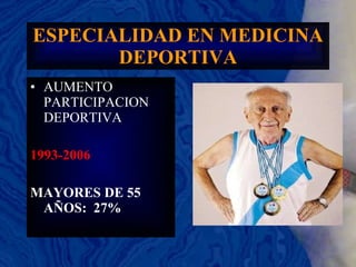 ESPECIALIDAD EN MEDICINA DEPORTIVA AUMENTO PARTICIPACION DEPORTIVA 1993-2006 MAYORES DE 55 AÑOS:  27% 