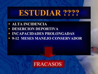ESTUDIAR ???? ALTA INCIDENCIA  DESERCION DEPORTIVA INCAPACIDADES PROLONGADAS 9-12  MESES MANEJO CONSERVADOR FRACASOS 