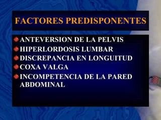 FACTORES PREDISPONENTES ANTEVERSION DE LA PELVIS HIPERLORDOSIS LUMBAR DISCREPANCIA EN LONGUITUD  COXA VALGA INCOMPETENCIA DE LA PARED ABDOMINAL 