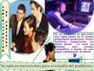 Es un programa en ejecución
que sigue pasos en el campo
empresarial productivo, hacen
funcionar   maquinarias     en
forma eficaz.    La meta es
alcanzar      una      ventaja
competitiva a través de una
mayor satisfacción al cliente.
 