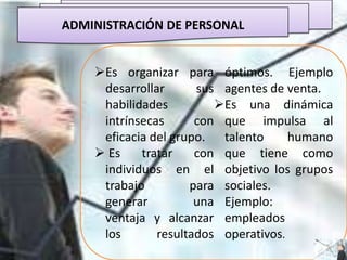 ADMINISTRACIÓN DE PERSONAL


    Es organizar para óptimos. Ejemplo
     desarrollar      sus agentes de venta.
     habilidades         Es una dinámica
     intrínsecas      con que impulsa al
     eficacia del grupo. talento      humano
     Es    tratar    con que tiene como
     individuos en el objetivo los grupos
     trabajo         para sociales.
     generar          una Ejemplo:
     ventaja y alcanzar empleados
     los       resultados operativos.
 