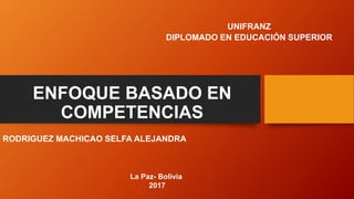 ENFOQUE BASADO EN
COMPETENCIAS
RODRIGUEZ MACHICAO SELFA ALEJANDRA
La Paz- Bolivia
2017
UNIFRANZ
DIPLOMADO EN EDUCACIÓN SUPERIOR
 