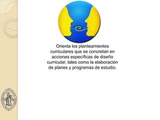 Orienta los planteamientos
  curriculares que se concretan en
   acciones específicas de diseño
curricular, tales como la elaboración
 de planes y programas de estudio.
 
