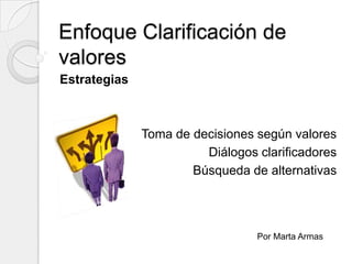 Enfoque Clarificación de
valores
Estrategias



              Toma de decisiones según valores
                        Diálogos clarificadores
                      Búsqueda de alternativas




                                 Por Marta Armas
 