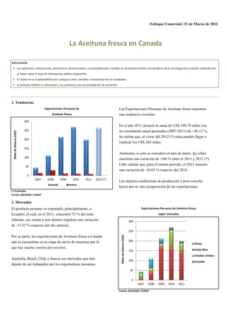 Enfoque Comercial | 21 de Marzo de 2012




                                                                     La Aceituna fresca en Canada

Advertencia

 ▫                        Las opiniones, estimaciones, pronósticos, declaraciones y recomendaciones vertidas en el presente boletín son producto de la investigación y estudio realizado por
                          el Autor sobre la base de información pública disponible.

 ▫                        El Autor no se responsabiliza por cualquier error, omisión o inexactitud de los resultados.

 ▫                        El presente boletín es referencial y no constituye una recomendación de inversión.




1. Tendencias
                                                Exportaciones Peruanas de                                      Las Exportaciones Peruanas de Aceituna fresca muestran
                                                       Aceituna fresca                                         una tendencia creciente.
                                300
                                                                                                               En el año 2011 alcanzó la suma de US$ 198.78 miles con
                                250                                                                            un crecimiento anual promedio (2007-2011) de +46.12 %.
 Miles de Dólares (US$)




                                                                                                               Se estima que, al cierre del 2012 (*) estas pueden llegar a
                                200
                                                                                                               totalizar los US$ 266 miles.
                                150
                                                                                                               Asimismo, si solo se considera el mes de enero, las cifras
                                100
                                                                                                               muestran una variación de -100 % entre el 2011 y 2012 (*).
                                 50
                                                                                                               Cabe señalar que, para el mismo período, el 2011 muestra
                                                                                                               una variación de -10.03 % respecto del 2010.
                                  0
                                        2007       2008      2009        2010     2011     2012 (*)
                                                                                                               Las mejores condiciones de producción y post cosecha
                                                     Anual           enero
                                                                                                               hacen prever una recuperación de las exportaciones.
(*) Estimados
Fuente: ADUANAS / SUNAT

2. Mercados
El producto peruano es exportado, principalmente, a                                                                                              Exportaciones Peruanas de Aceituna fresca
Ecuador; el cual, en el 2011, concentró 72 % del total.                                                                                                      según mercados
Además, sus ventas a este destino registran una variación                                                                                300
de -13.32 % respecto del año anterior.
                                                                                                                                         250
                                                                                                                Miles de Dólares (US$)




Por su parte, las exportaciones de Aceituna fresca a Canada
aún se encuentran en su etapa de envío de muestras por lo                                                                                200
                                                                                                                                                                                        Otros
que hay mucho camino por recorrer.
                                                                                                                                         150                                            Costa Rica
                                                                                                                                                                                        Estados Unidos
Australia, Brasil, Chile y Suecia son mercados que han                                                                                   100                                            Ecuador
dejado de ser trabajados por los exportadores peruanos.
                                                                                                                                         50


                                                                                                                                          0
                                                                                                                                               2007   2008   2009    2010   2011

                                                                                                               Fuente: ADUANAS / SUNAT
 