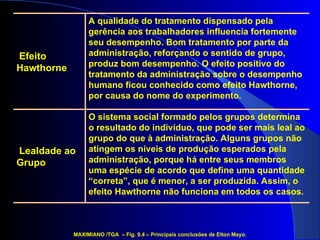 O sistema social formado pelos grupos determina o resultado do indivíduo, que pode ser mais leal ao grupo do que à administração. Alguns grupos não atingem os níveis de produção esperados pela administração, porque há entre seus membros uma espécie de acordo que define uma quantidade “correta”, que é menor, a ser produzida. Assim, o efeito Hawthorne não funciona em todos os casos.  A qualidade do tratamento dispensado pela gerência aos trabalhadores influencia fortemente seu desempenho. Bom tratamento por parte da administração, reforçando o sentido de grupo, produz bom desempenho. O efeito positivo do tratamento da administração sobre o desempenho humano ficou conhecido como efeito Hawthorne, por causa do nome do experimento. MAXIMIANO /TGA  – Fig. 9.4 – Principais conclusões de Elton Mayo. Lealdade ao Grupo Efeito Hawthorne 