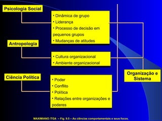 MAXIMIANO /TGA  – Fig. 9.5 – As ciências comportamentais e seus focos. Dinâmica de grupo Liderança Processo de decisão em pequenos grupos Mudanças de atitudes Psicologia Social Ciência Política Poder Conflito Política Relações entre organizações e poderes Antropologia Cultura organizacional Ambiente organizacional Organização e Sistema 