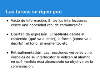 Las tareas se rigen por:
● Vacío de información. Entre los interlocutores
existe una necesidad real de comunicación.
● Libertad de expresión. El hablante decide el
contenido (qué va a decir), la forma (cómo va a
decirlo), el tono, el momento, etc.
● Retroalimentación. Las reacciones verbales y no
verbales de su interlocutor le indican al alumno
en qué medida está alcanzando su objetivo en la
conversación.

 