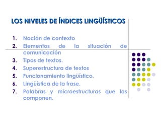 LOS NIVELES DE ÍNDICES LINGÜÍSTICOSLOS NIVELES DE ÍNDICES LINGÜÍSTICOS
1. Noción de contexto
2. Elementos de la situación de
comunicación
3. Tipos de textos.
4. Superestructura de textos
5. Funcionamiento lingüístico.
6. Lingüística de la frase.
7. Palabras y microestructuras que las
componen.
 