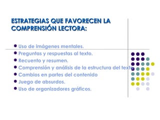 ESTRATEGIAS QUE FAVORECEN LAESTRATEGIAS QUE FAVORECEN LA
COMPRENSIÓN LECTORA:COMPRENSIÓN LECTORA:
Uso de imágenes mentales.
Preguntas y respuestas al texto.
Recuento y resumen.
Comprensión y análisis de la estructura del texto.
Cambios en partes del contenido
Juego de absurdos.
Uso de organizadores gráficos.
 