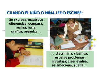 CUANDO EL NIÑO O NIÑA LEE O ESCRIBE:CUANDO EL NIÑO O NIÑA LEE O ESCRIBE:
… discrimina, clasifica,
resuelve problemas,
investiga, crea, evalúa,
se emociona, sueña…
Se expresa, establece
diferencias, compara,
realiza, halla,
grafica, organiza …
 